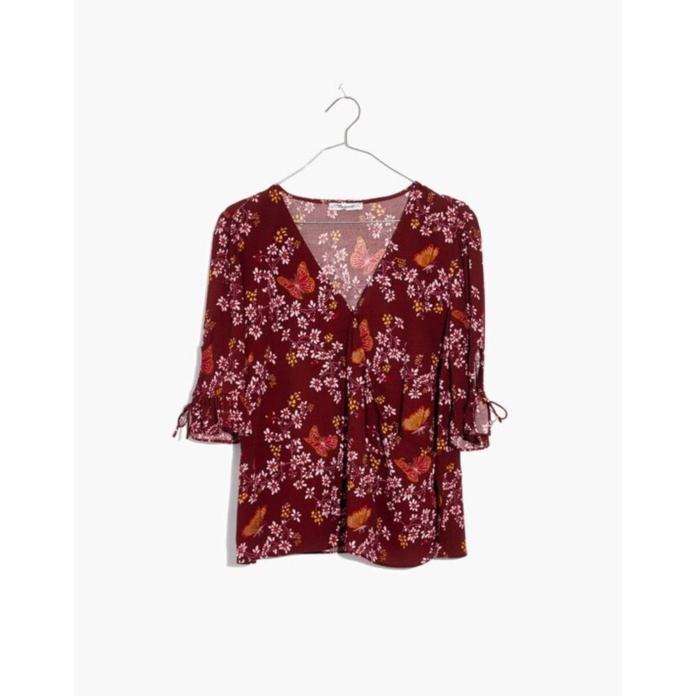 NWT Madewell Burgundy Butterfly Floral Tie Sleeve Top Size 2 Cottagecore Boho